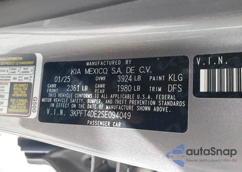 2025 Kia K4 Lxs из США, поврежденный, VIN 3KPFT4DE2SE094049